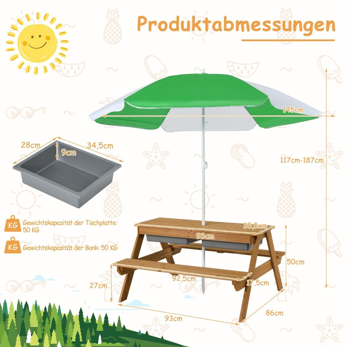 3-in-1 outdoor picnic table water & sand table with game boxes & umbrella natural and white
