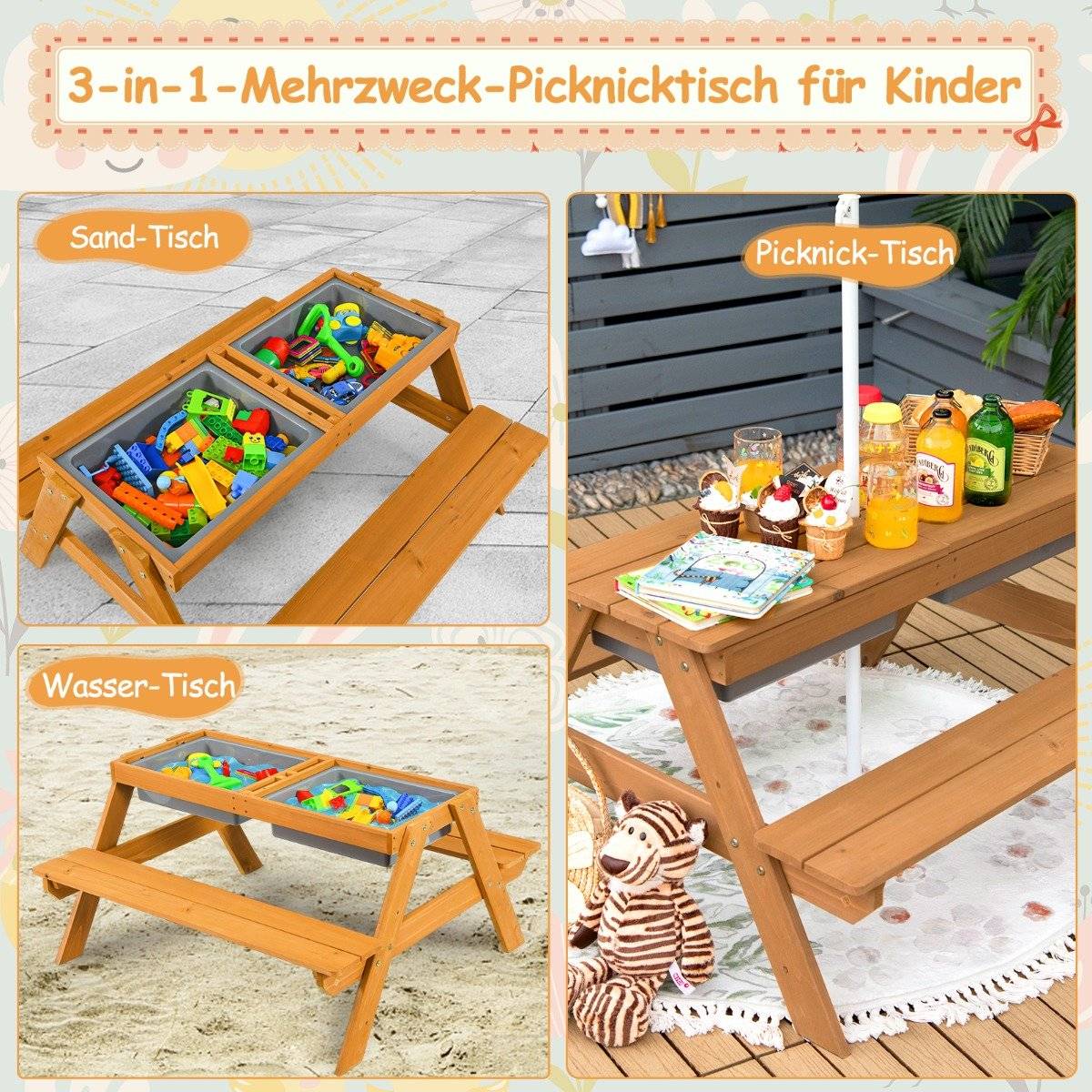 3-in-1 outdoor picnic table water & sand table with game boxes & umbrella natural and white