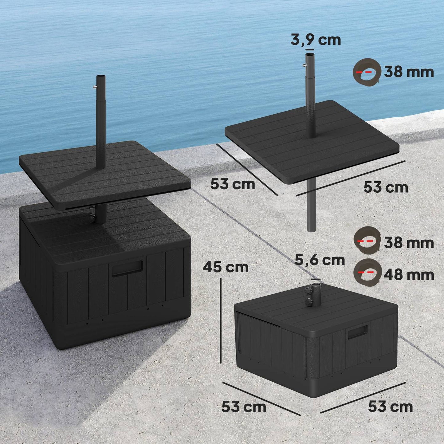 3-in-1 parasol stand 80 kg, fillable and plantable, black