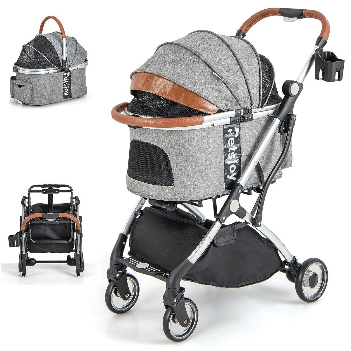 3 in 1 pet stroller up to 15 kg with waterproof cover storage basket & telescopic handle