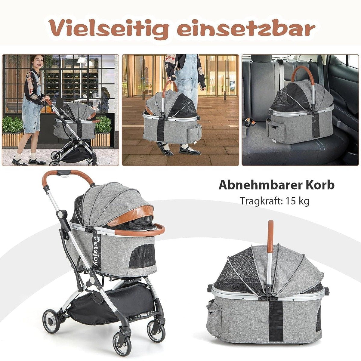 3 in 1 pet stroller up to 15 kg with waterproof cover storage basket & telescopic handle