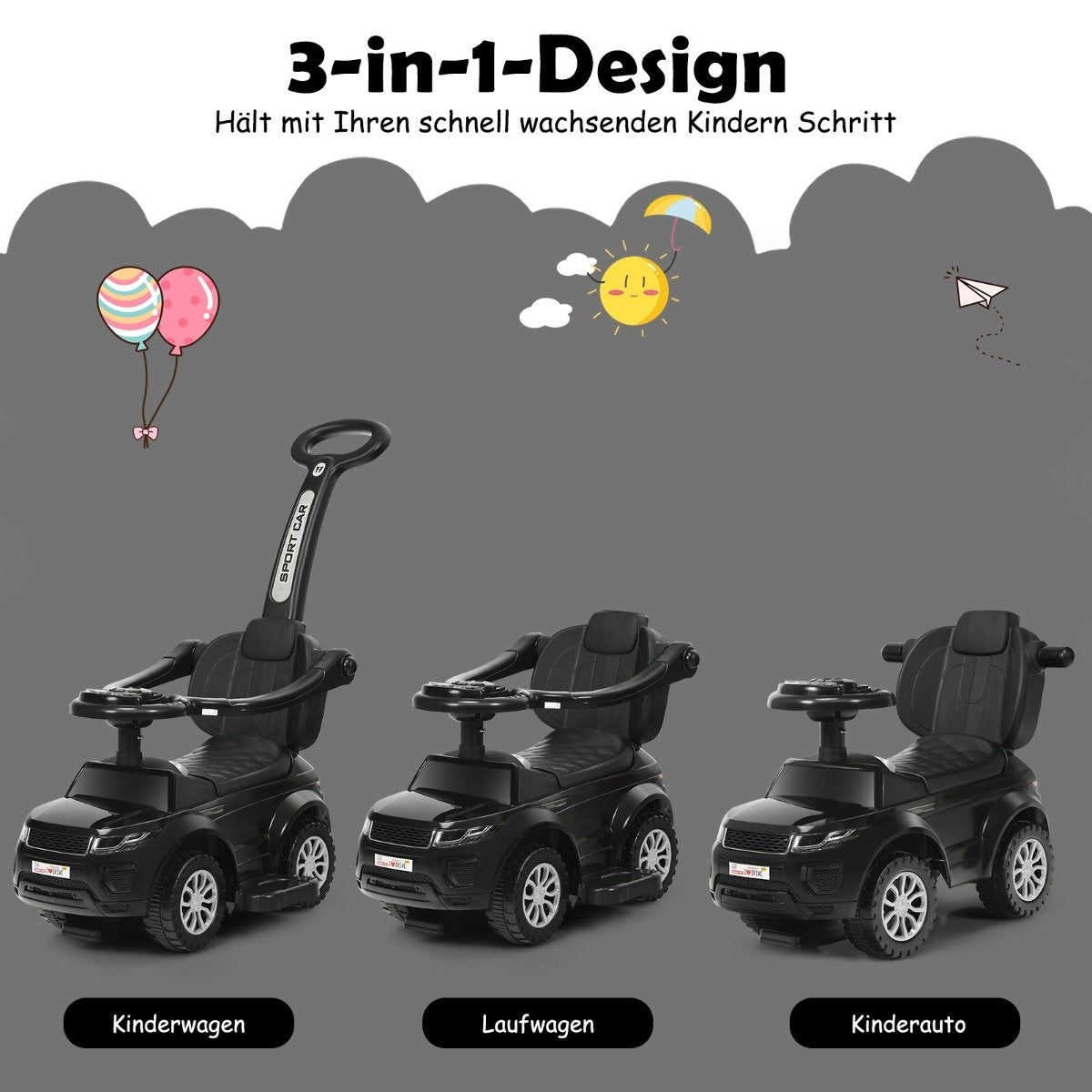 3 in 1 push car push car ride-on vehicle with removable push handle and protective bar black