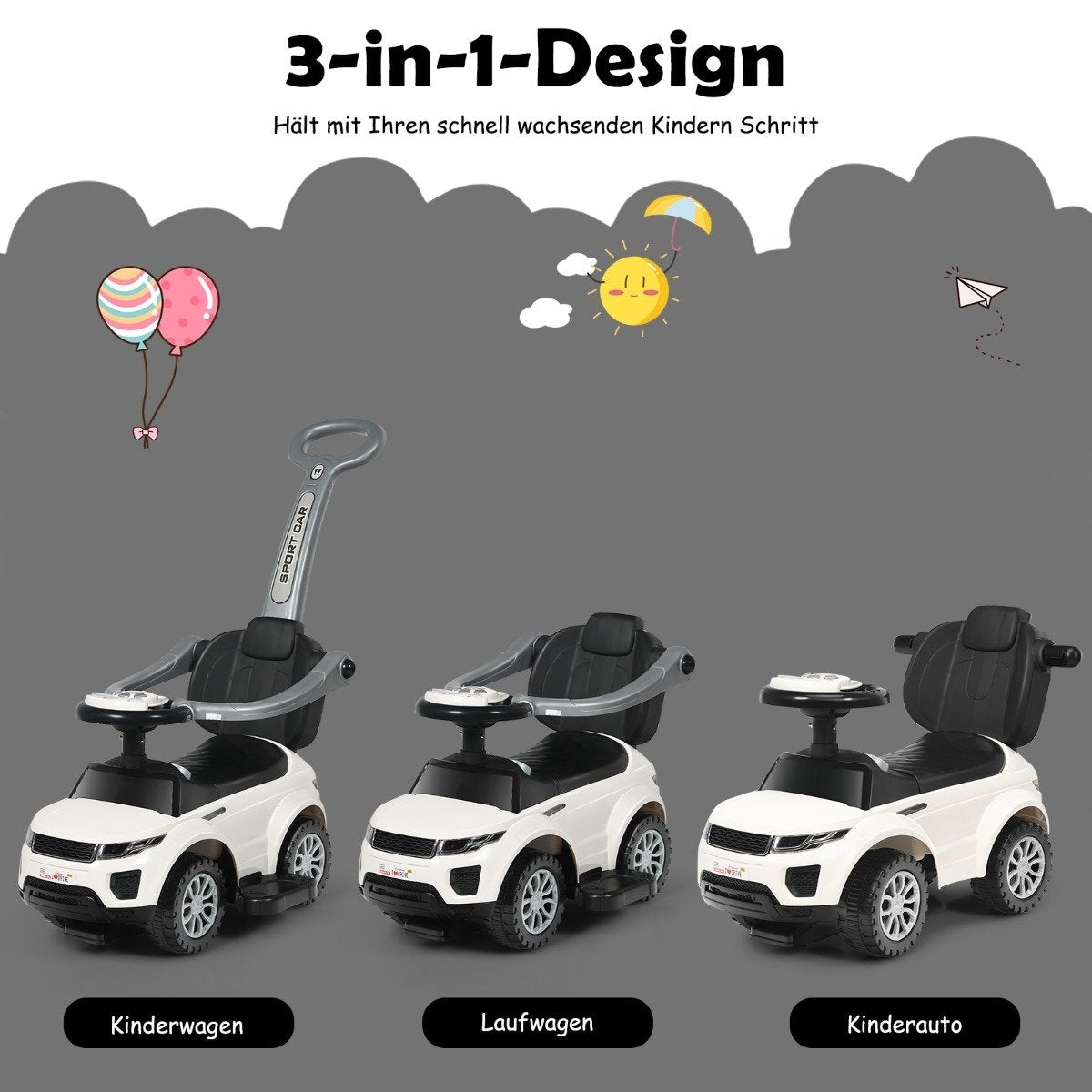 3 in 1 push car push car ride-on vehicle with removable push handle and protective bar white