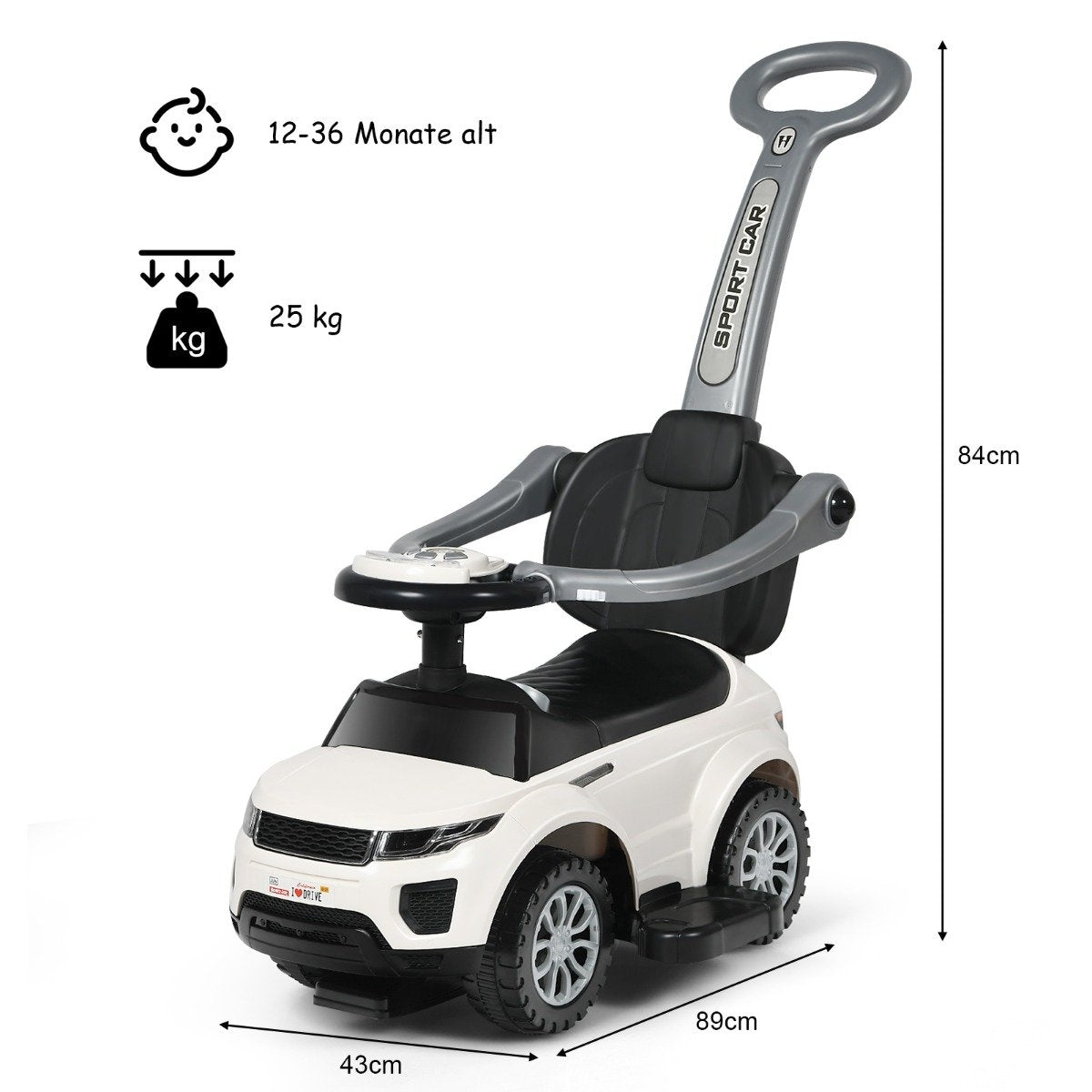 3 in 1 push car push car ride-on vehicle with removable push handle and protective bar white