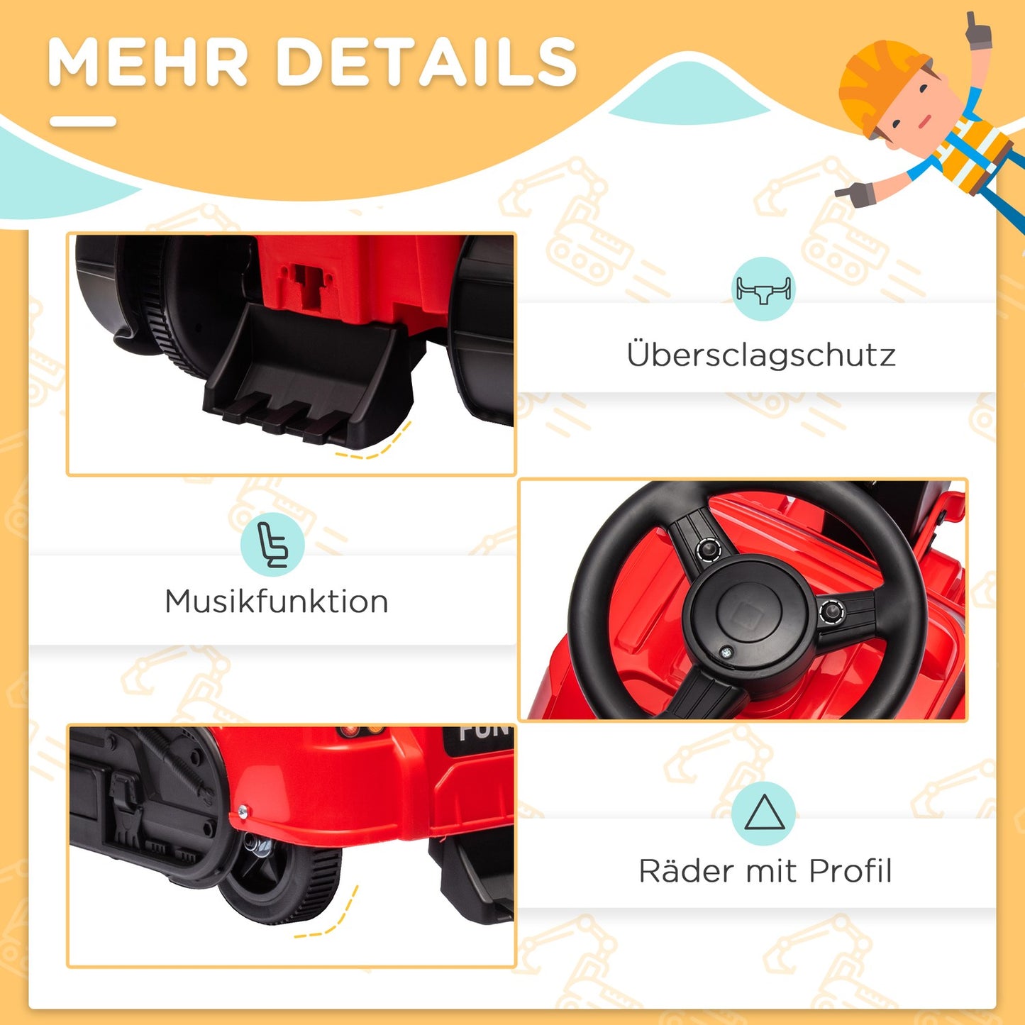 Traveling excavator with music, 25 kg capacity, red/black