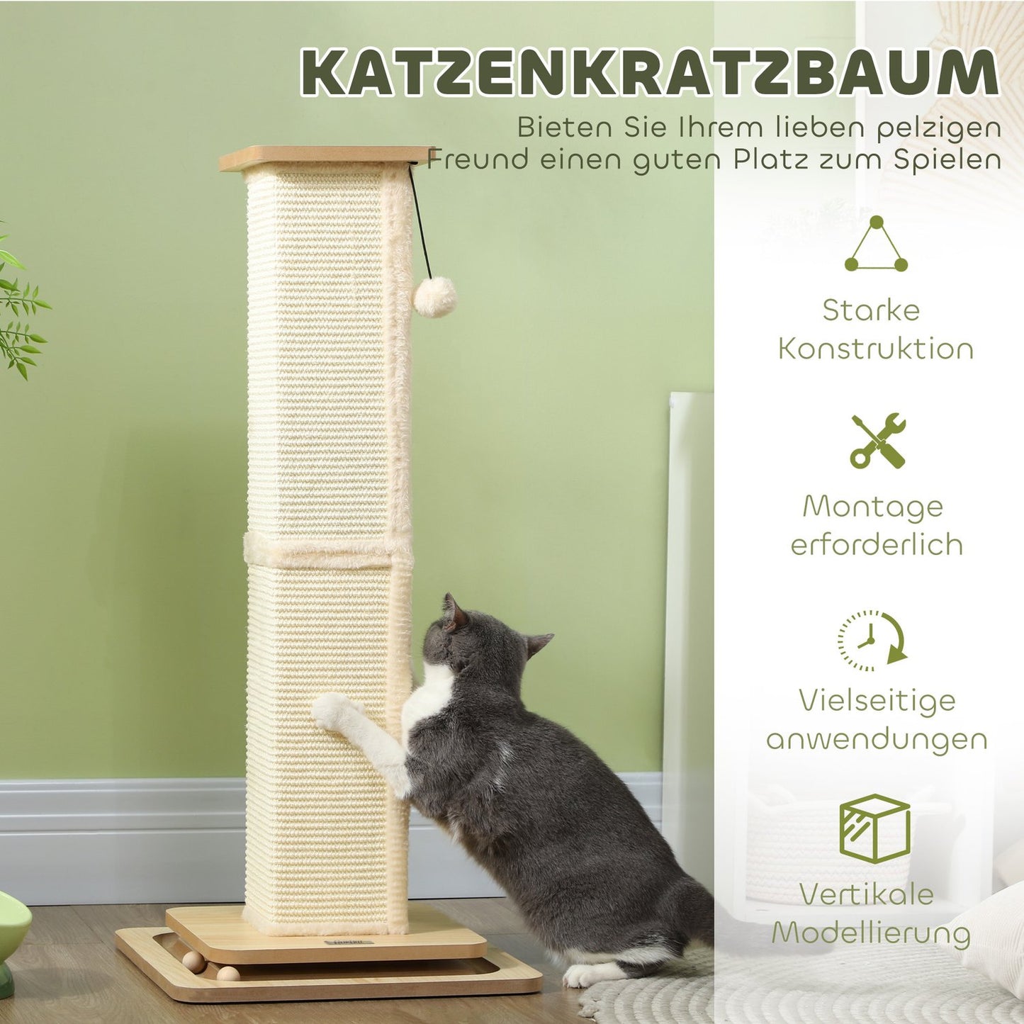 Sisal Cat Scratching Post, 87cm with Play Ball, Oak