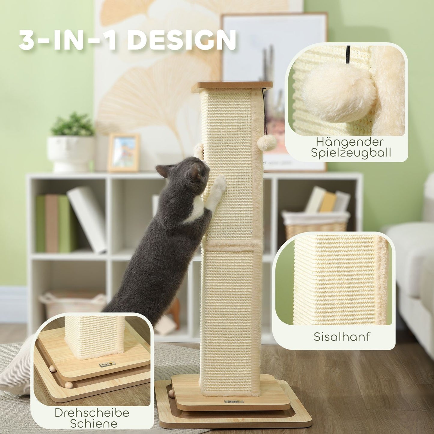 Sisal Cat Scratching Post, 87cm with Play Ball, Oak