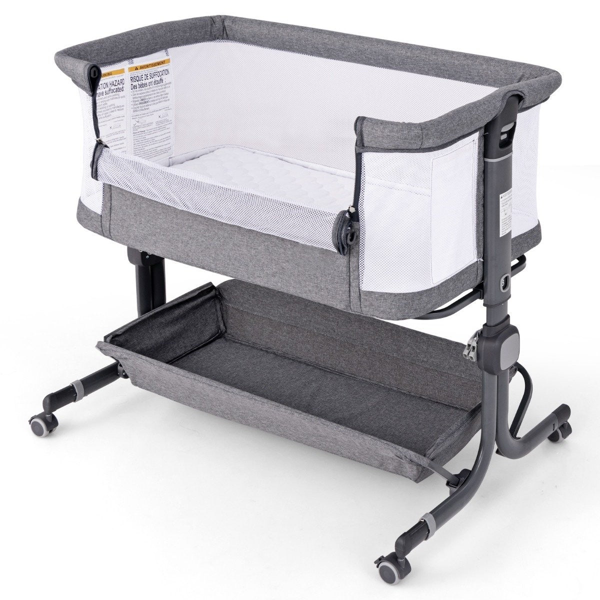 3 in 1 side bed travel cot baby with mattress baby bed 6 compartments height adjustable with storage basket dark gray