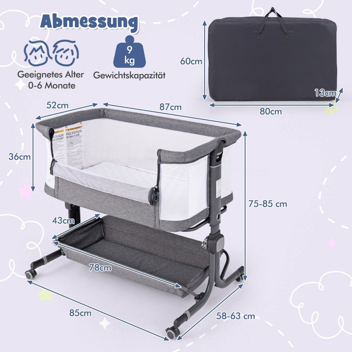 3 in 1 side bed travel cot baby with mattress baby bed 6 compartments height adjustable with storage basket dark gray