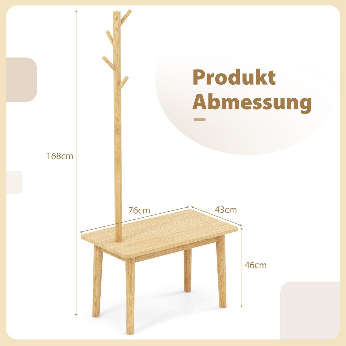 3 in 1 side table made of solid wood, coat rack with shoe bench, 76 x 43 x 168 cm, natural