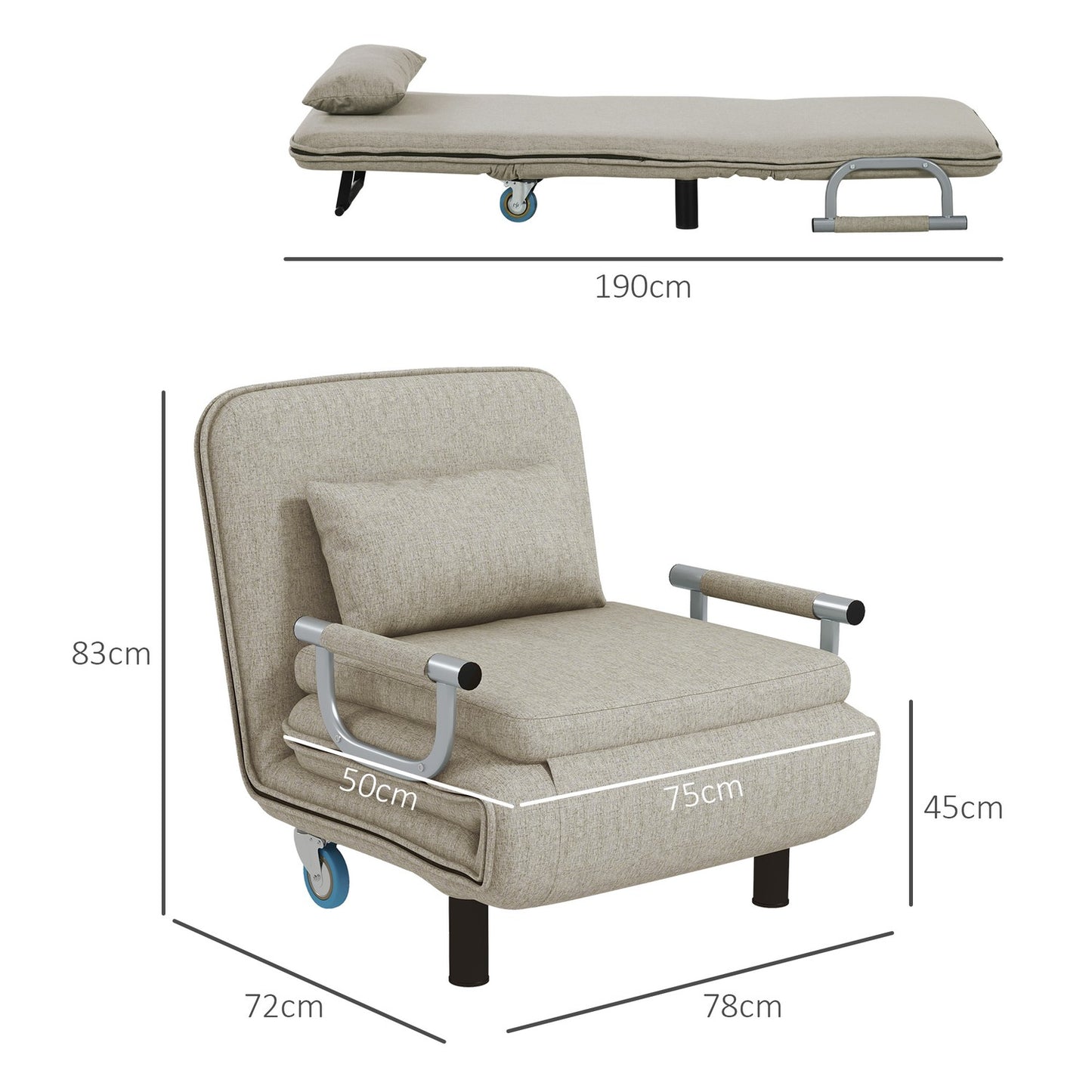 Folding sofa bed chair, 120 kg capacity, grey, adjustable backrest