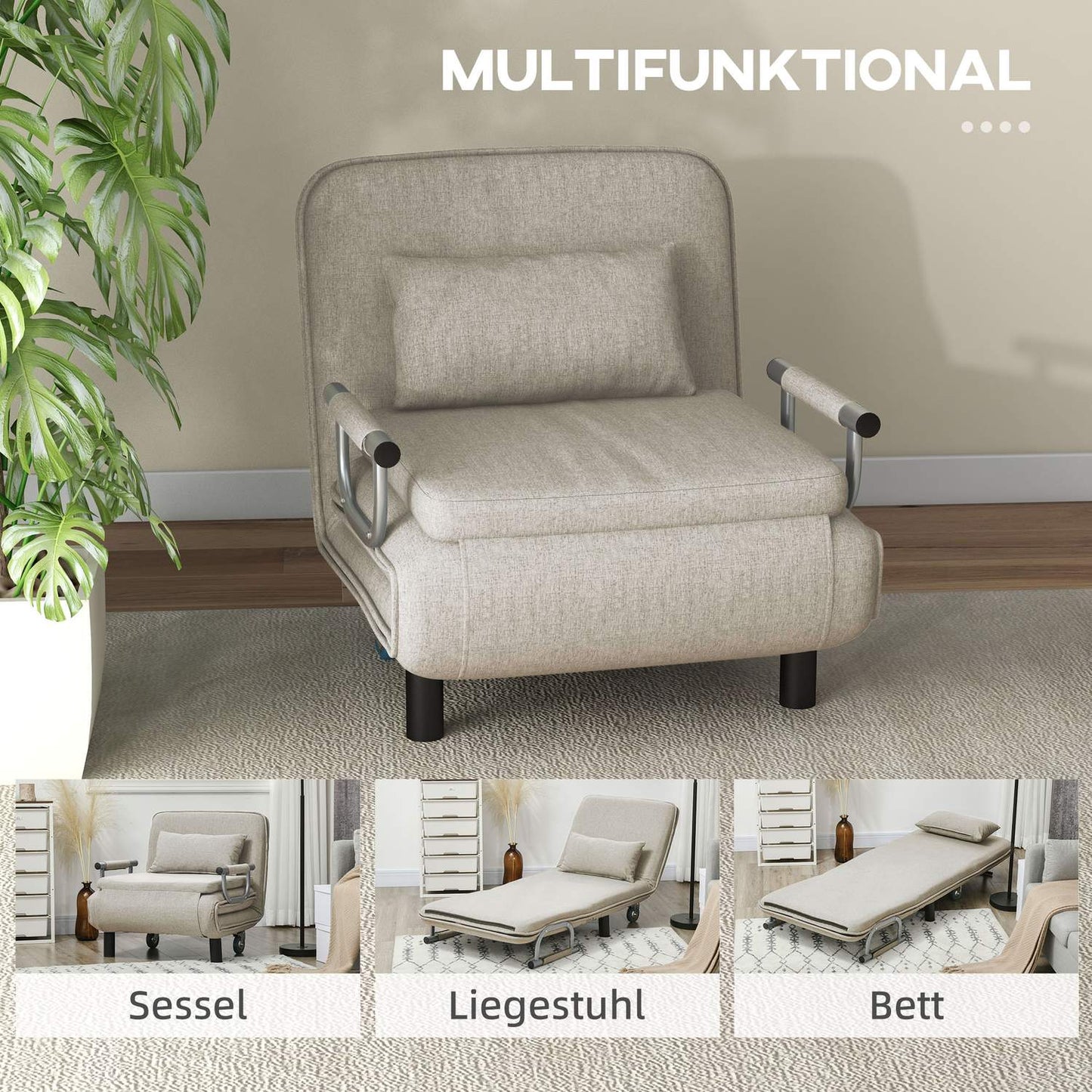 Folding sofa bed chair, 120 kg capacity, grey, adjustable backrest