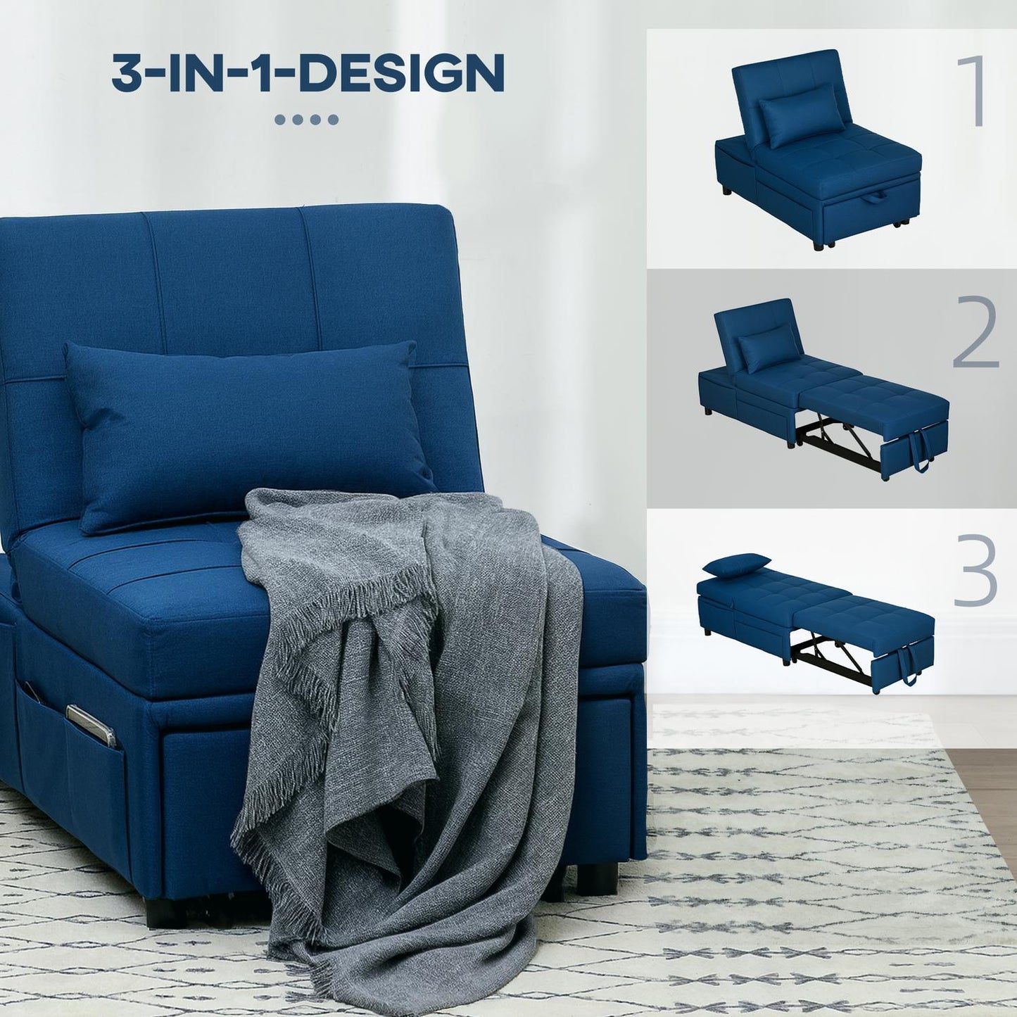 Blue Adjustable 3-in-1 sofa bed with side pocket
