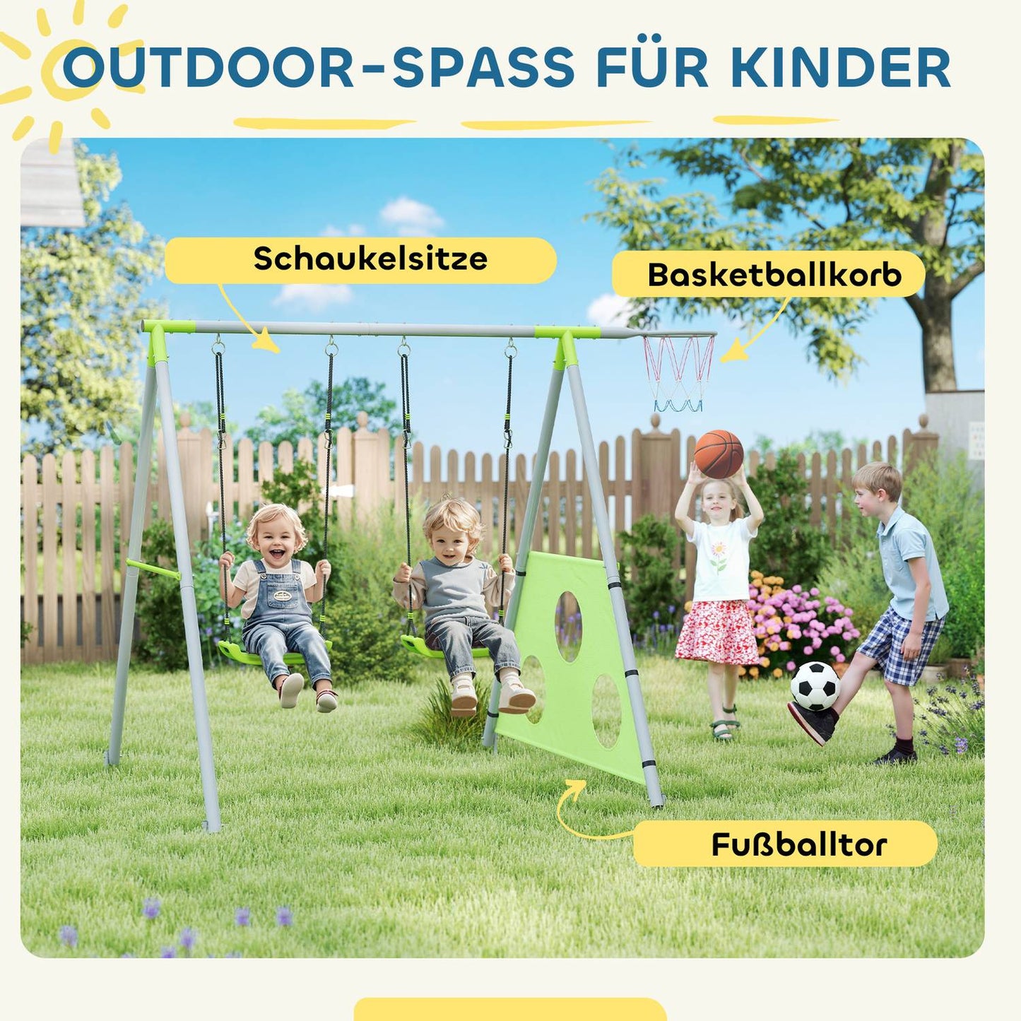 Outdoor 3-in-1 swing set with basketball hoop and goal