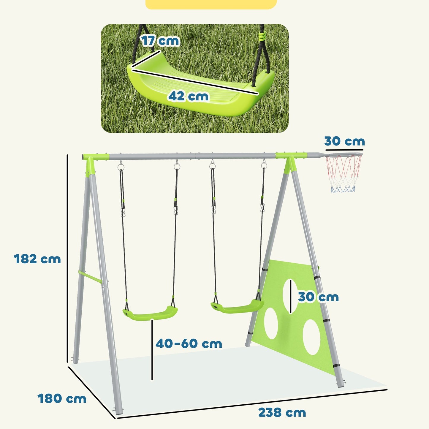 Outdoor 3-in-1 swing set with basketball hoop and goal