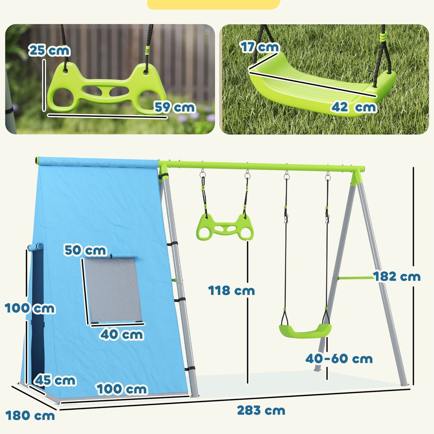 Outdoor swing set with tent, swing & rings - green