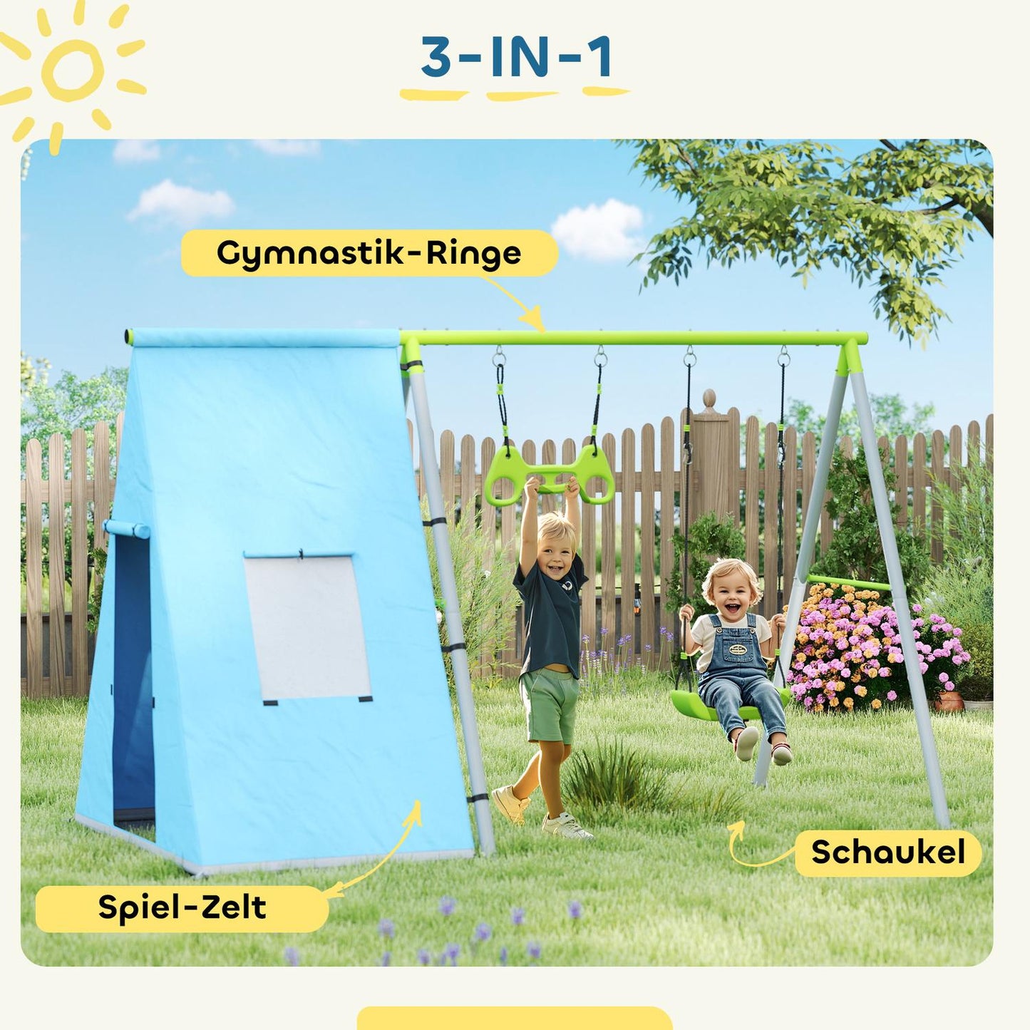 Outdoor swing set with tent, swing & rings - green