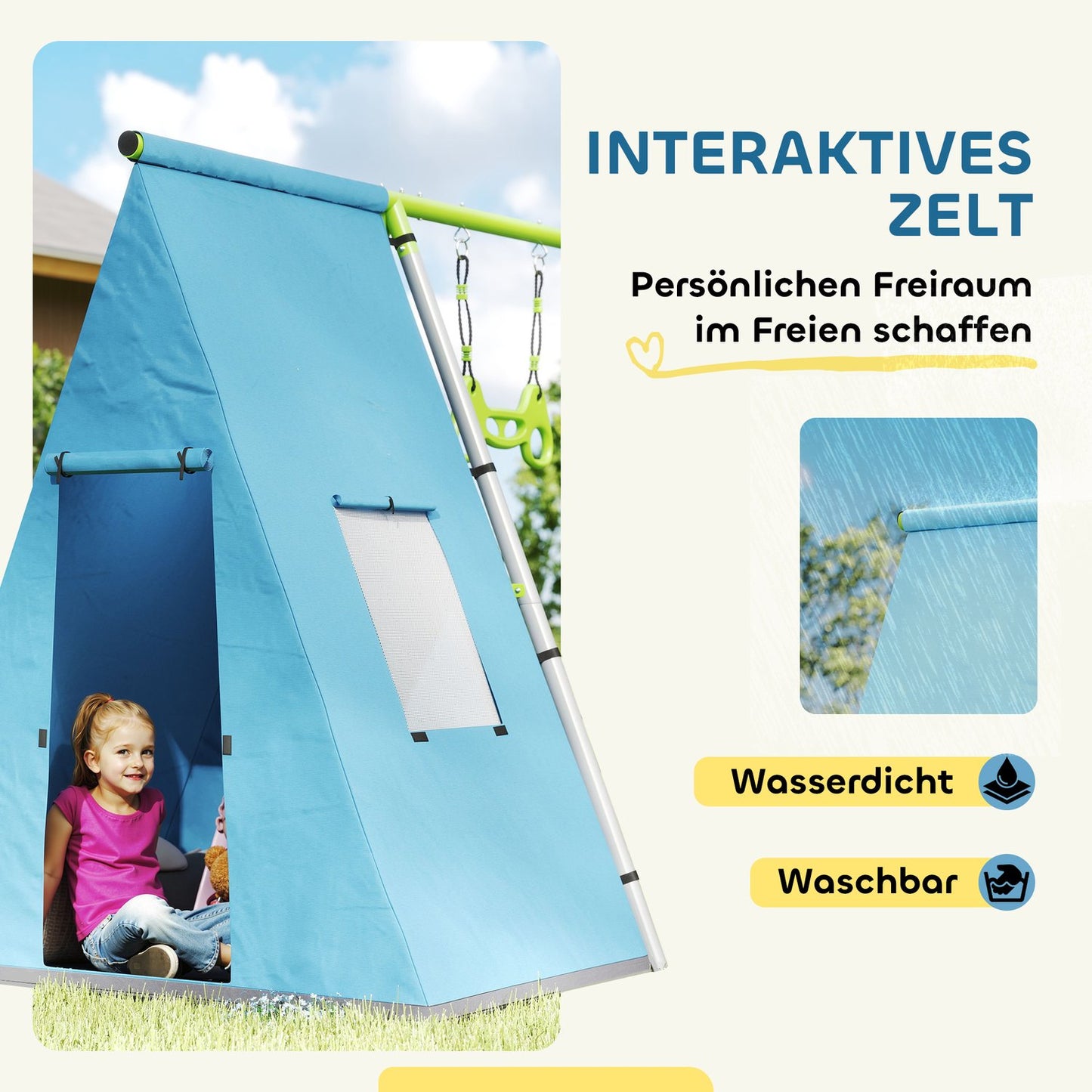Outdoor swing set with tent, swing & rings - green