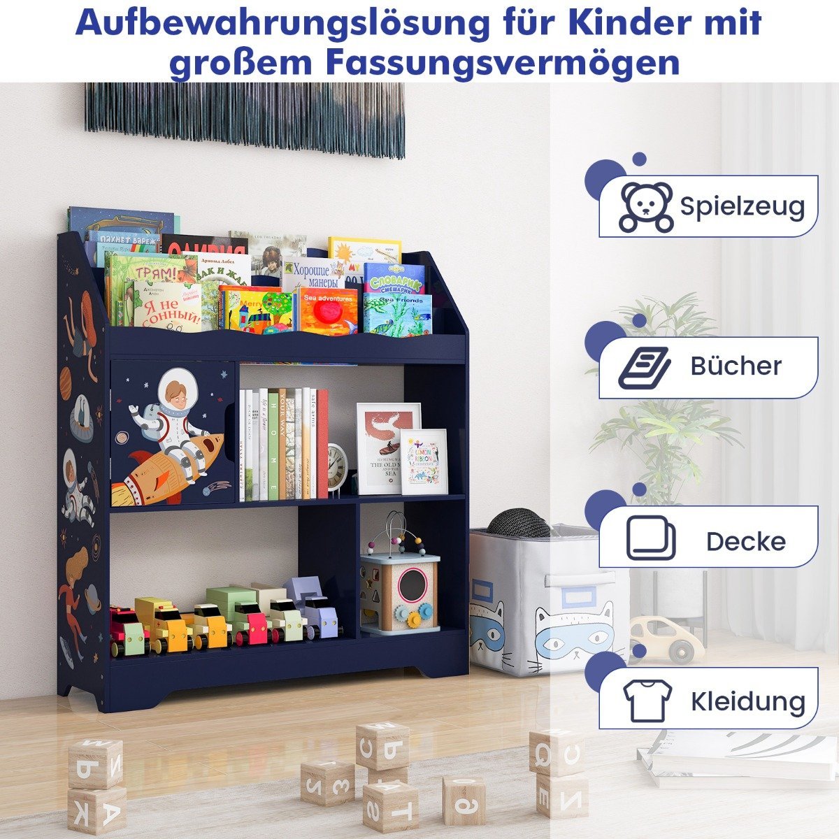 3 in 1 toy shelf with storage compartments & door 3 tier children's shelf bookcase 93 x 30 x 100 cm blue