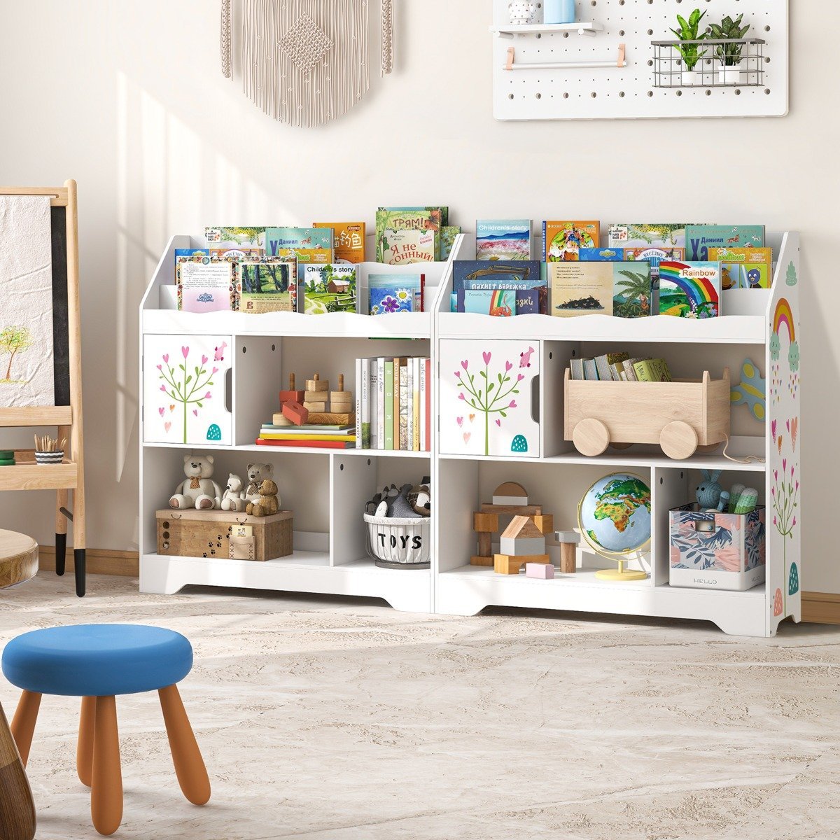 3 in 1 toy shelf with storage compartments & door 3 tier children's shelf bookcase 93 x 30 x 100 cm white