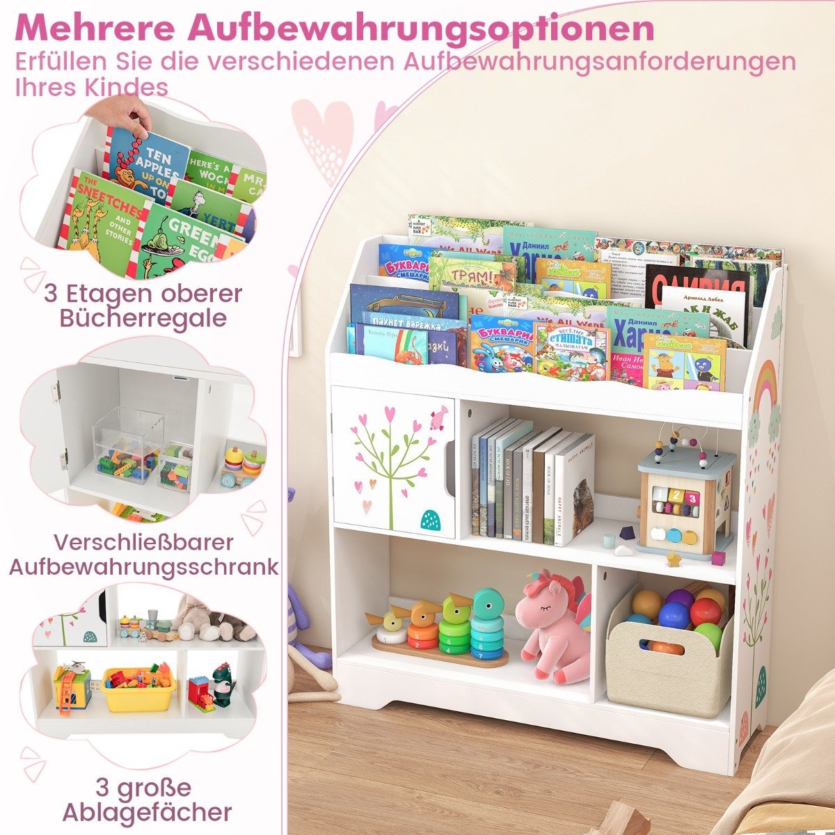 3 in 1 toy shelf with storage compartments & door 3 tier children's shelf bookcase 93 x 30 x 100 cm white