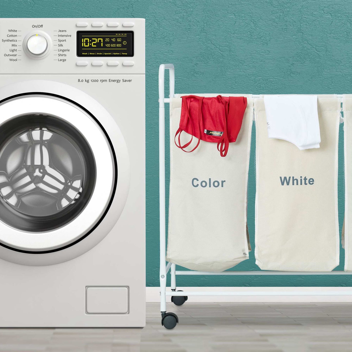 3 laundry sorters with rollers