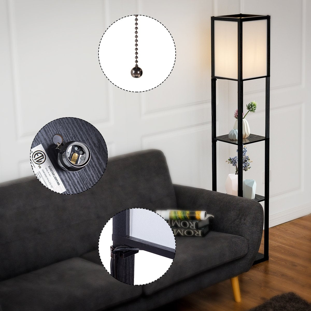 3-level floor lamp shelf modern floor lamp floor lamp 26 x 26 x 160 cm black