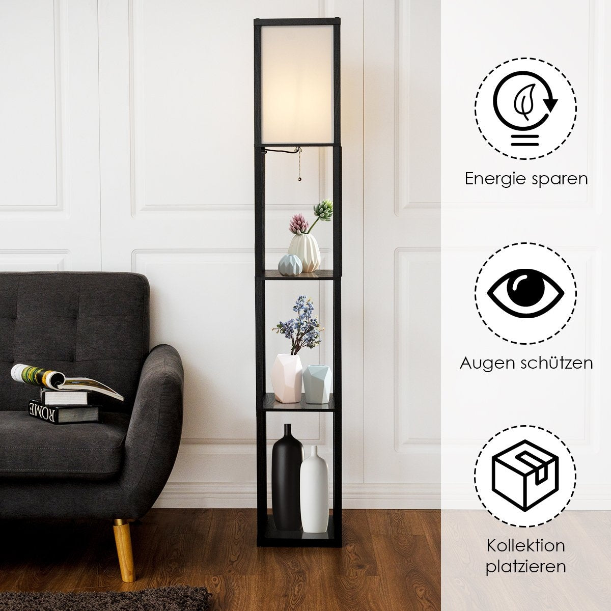 3-level floor lamp shelf modern floor lamp floor lamp 26 x 26 x 160 cm black