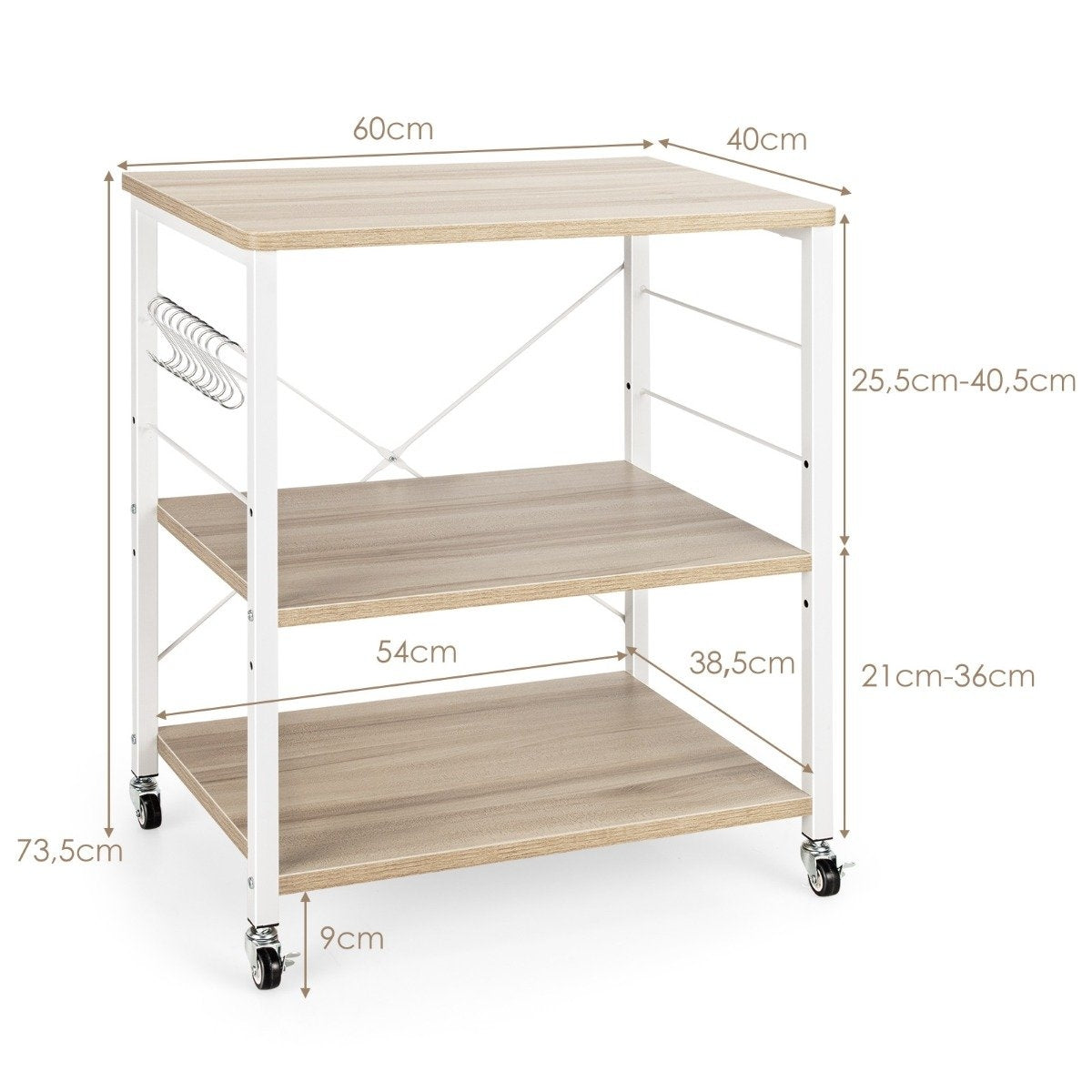3 level serving trolley with adjustable shelf and 10 removable hooks 60 x 40 x 73 cm natural