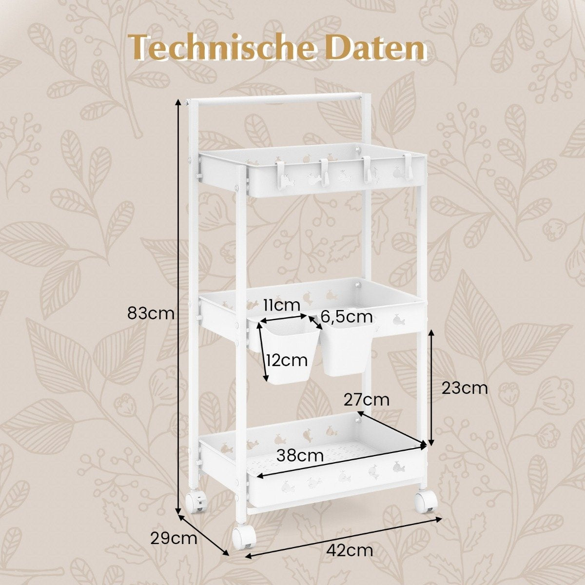 3 level trolley serving trolley with wheels kitchen trolley with 2 hanging cups 42 x 29 x 83 cm white