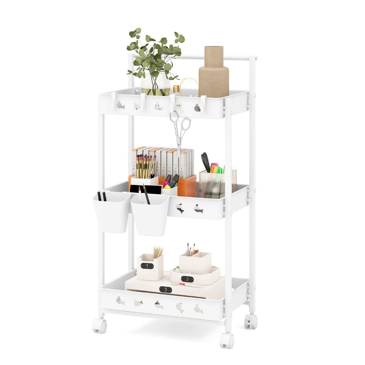 3 level trolley serving trolley with wheels kitchen trolley with 2 hanging cups 42 x 29 x 83 cm white