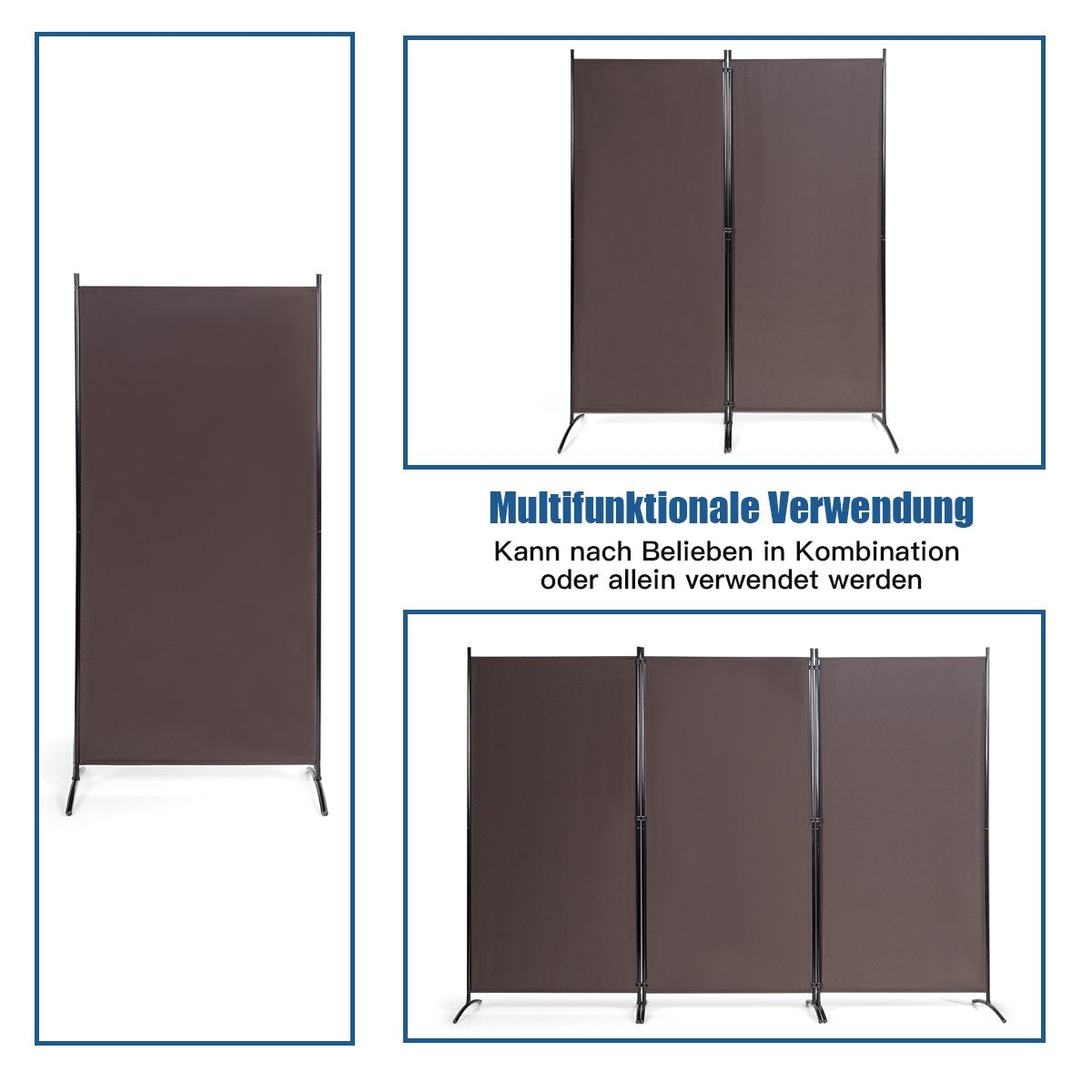 3 panel room divider with robust hinges and steel base freestanding privacy screen 260x 183 cm coffee