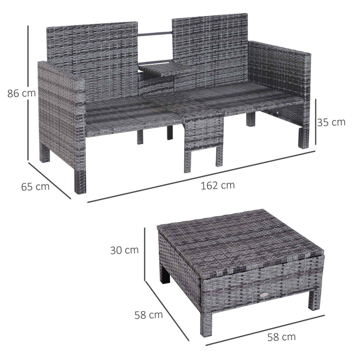 Gray poly rattan garden sofa set with cushions - 3-piece