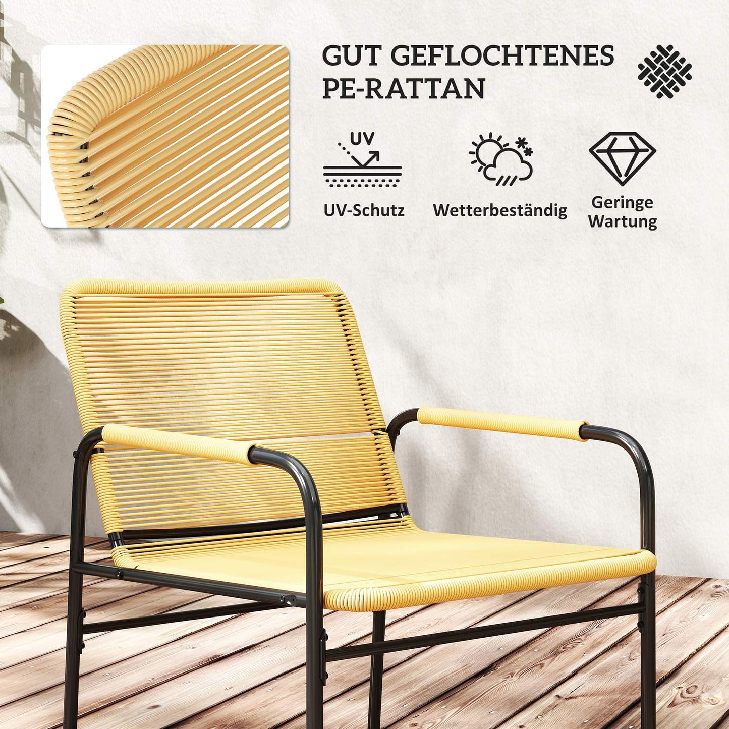 Rattan bistro set - 2 chairs & table, garden/patio, yellow