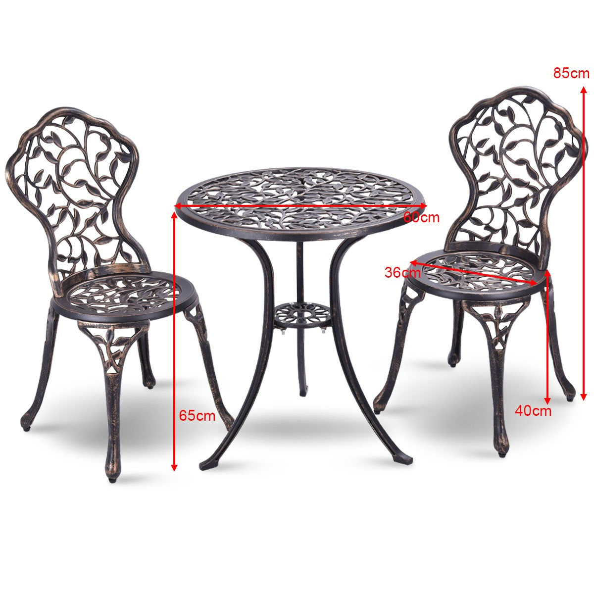 3-piece antique cast aluminum bistro set balcony set seating group garden table with 2 chairs black