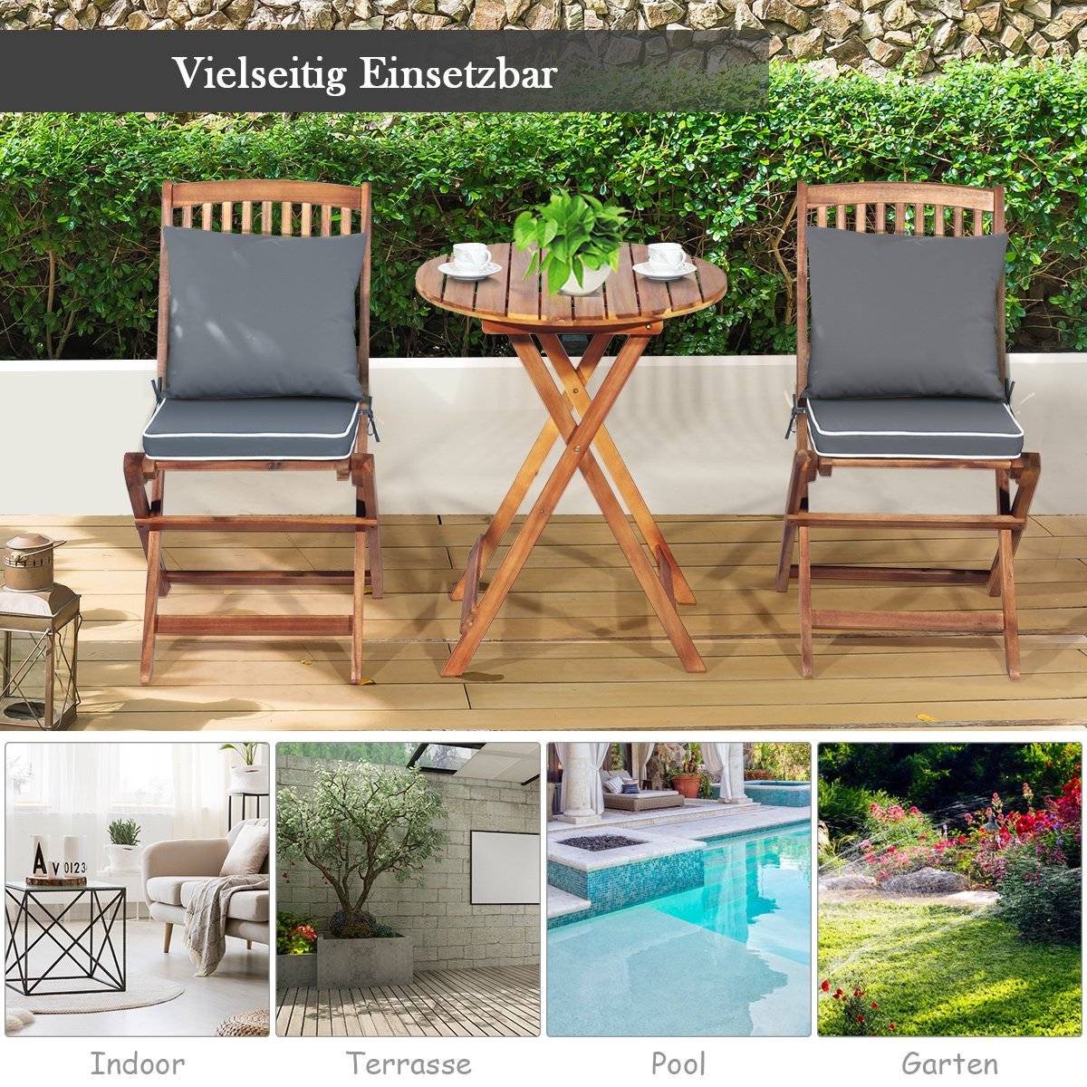3-piece balcony furniture set with round table, 2 chairs, and 2 cushions. Ergonomic seating set, gray.