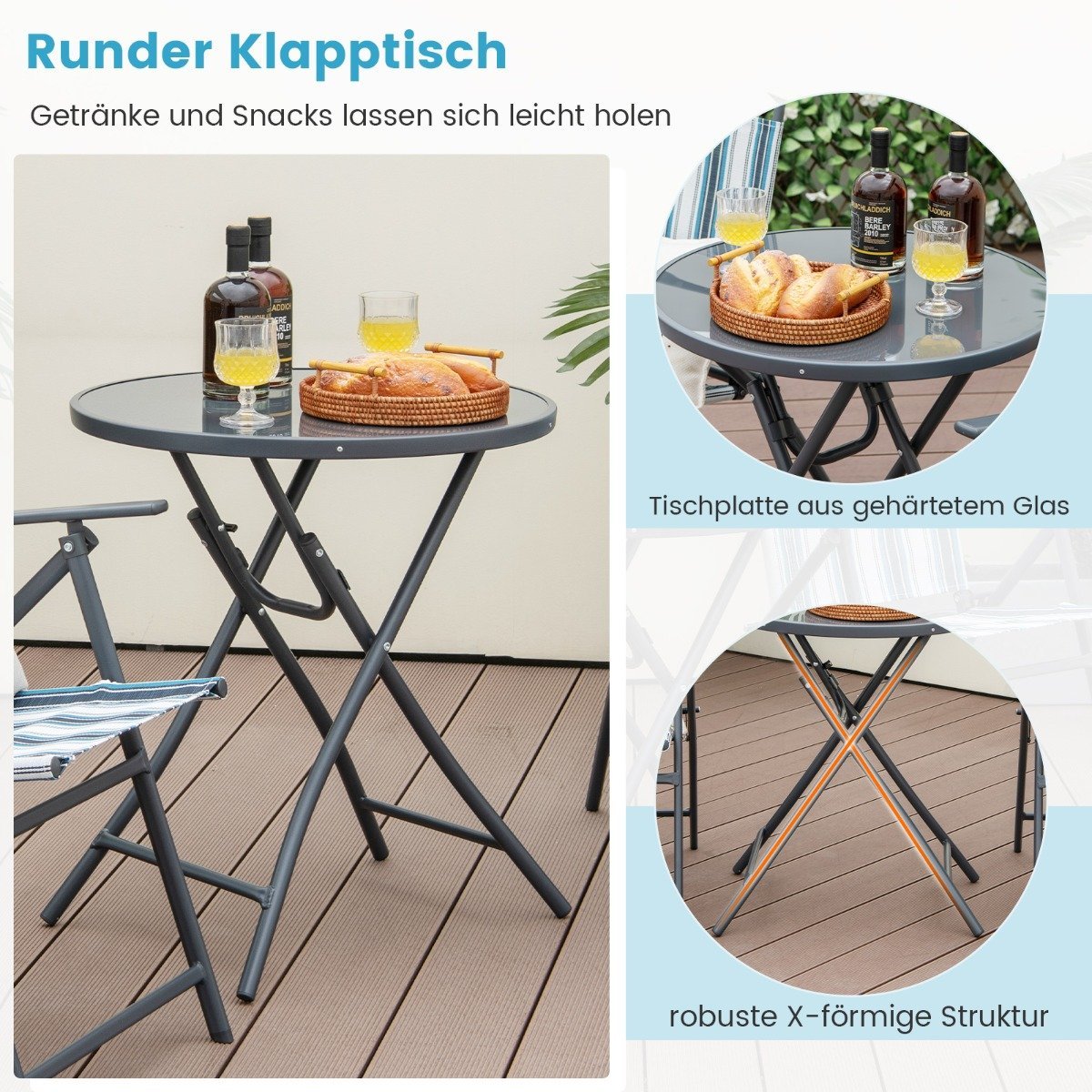 3-piece balcony set bistro table with 2 folding chairs seating set with robust metal frame
