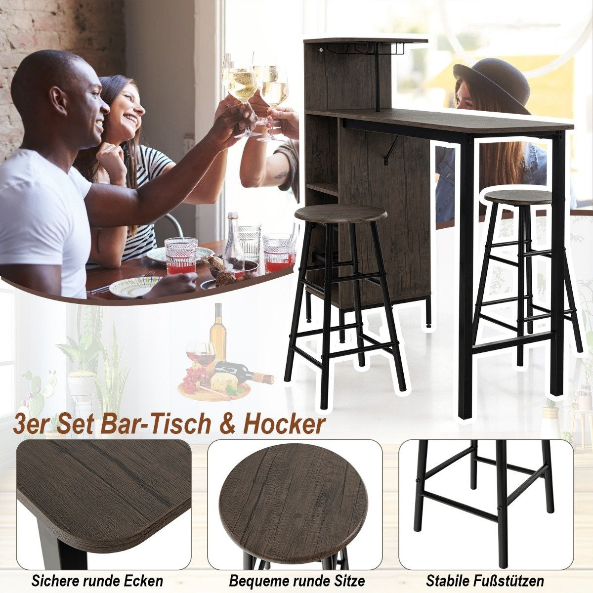 3-piece bar table & chair set dining table set in counter height brown