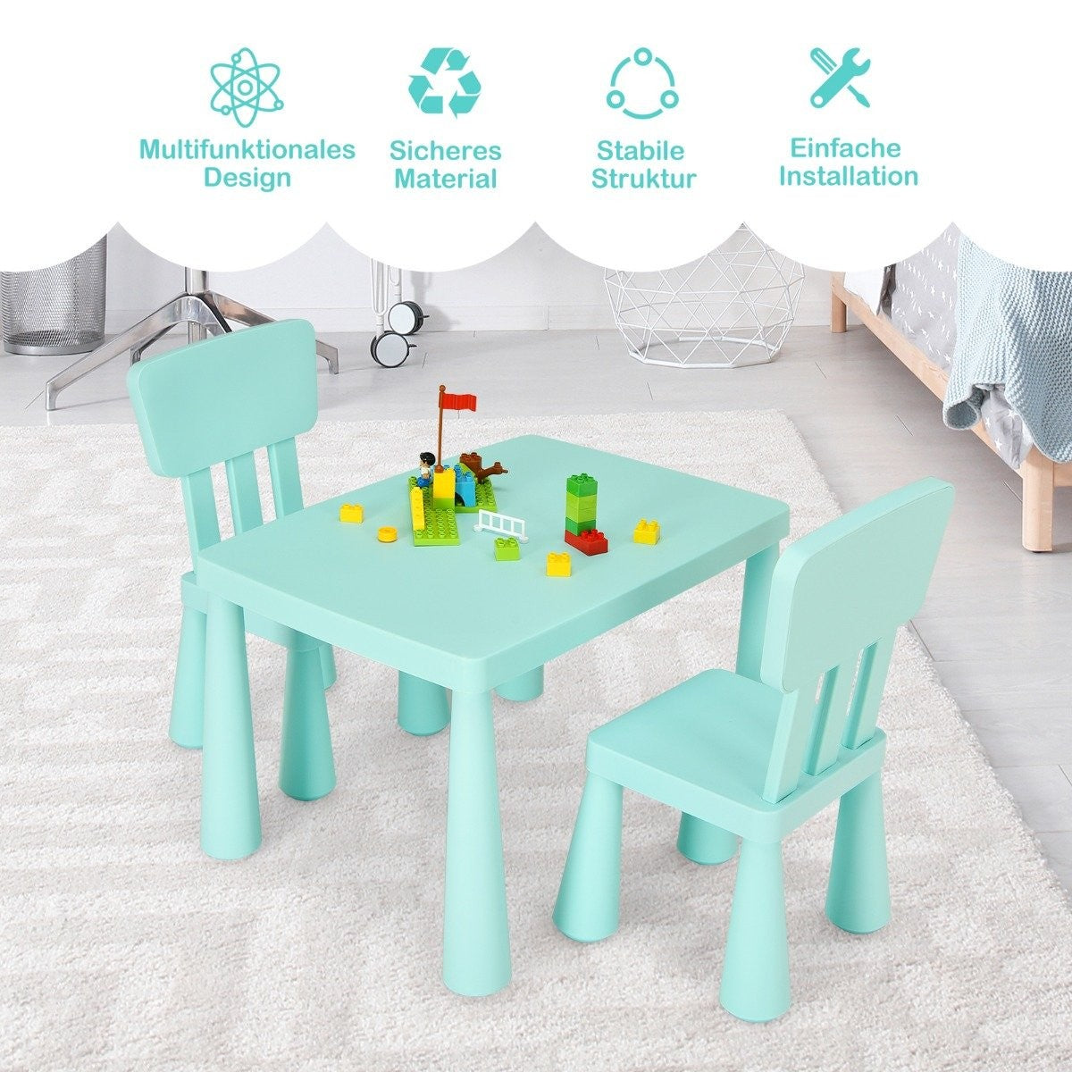 3-piece children's seating group, children's table with 2 chairs, children's furniture made of plastic, green