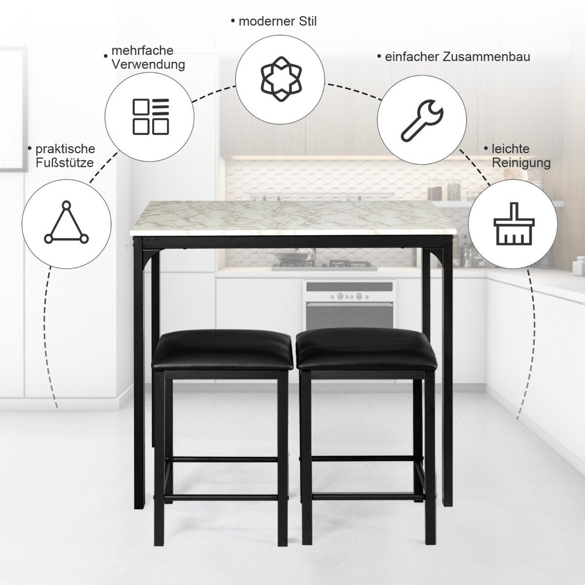 3-piece dining table set, bar table set with 2 padded bar stools, metal frame, white