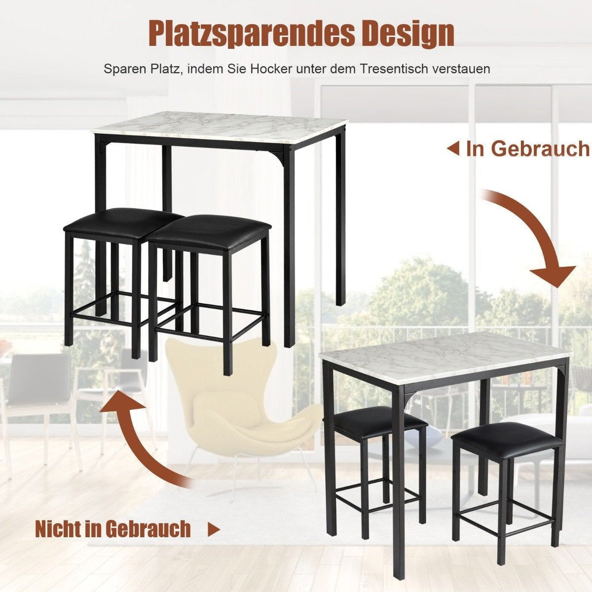 3-piece dining table set, bar table set with 2 padded bar stools, metal frame, white