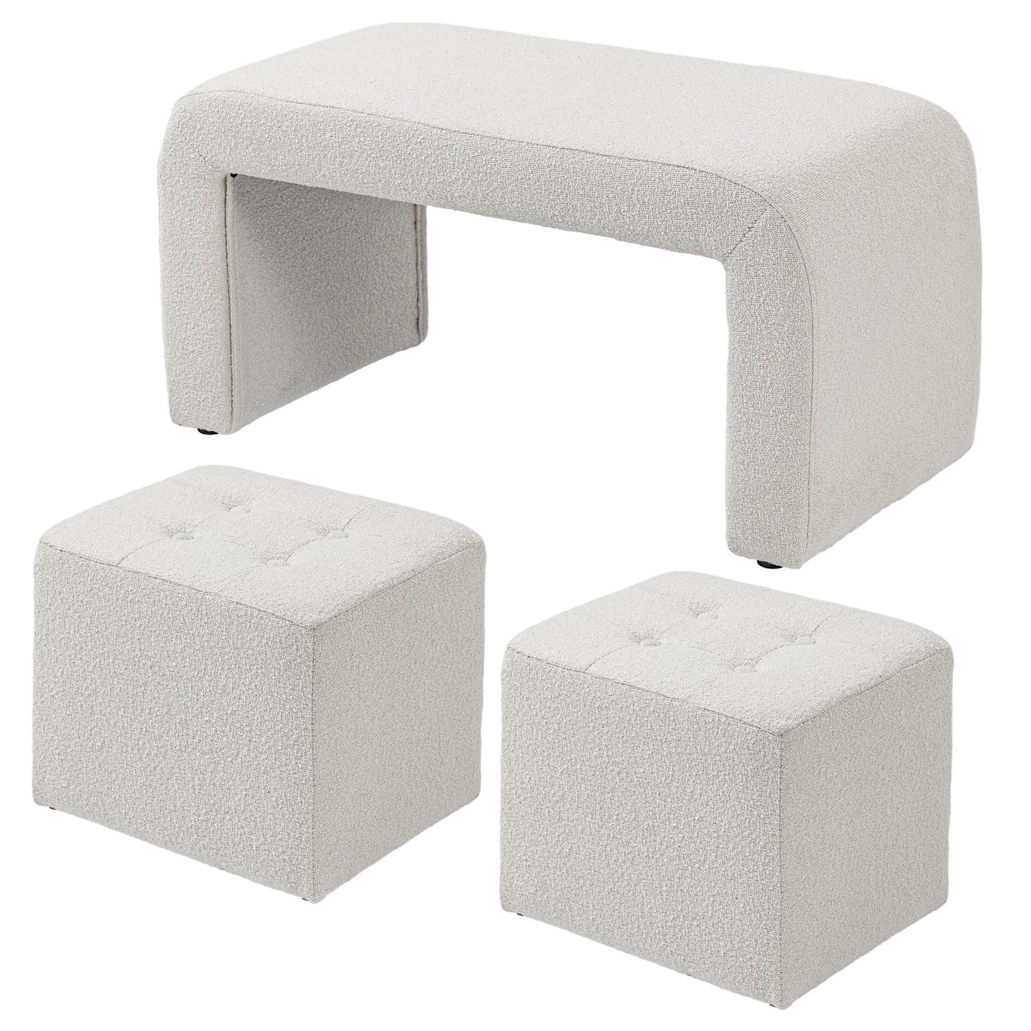 White upholstered 3-piece ottoman set for living room