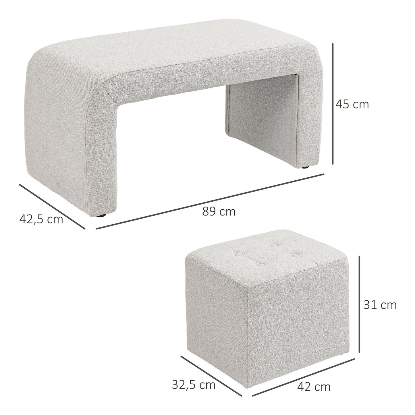 White upholstered 3-piece ottoman set for living room
