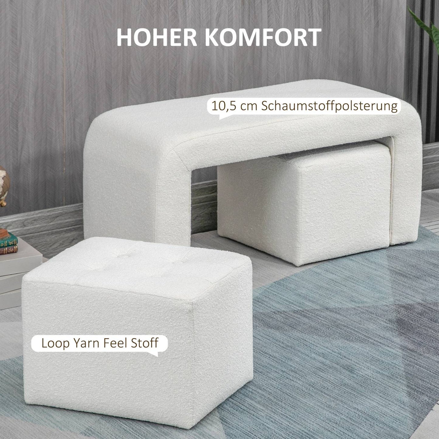 White upholstered 3-piece ottoman set for living room