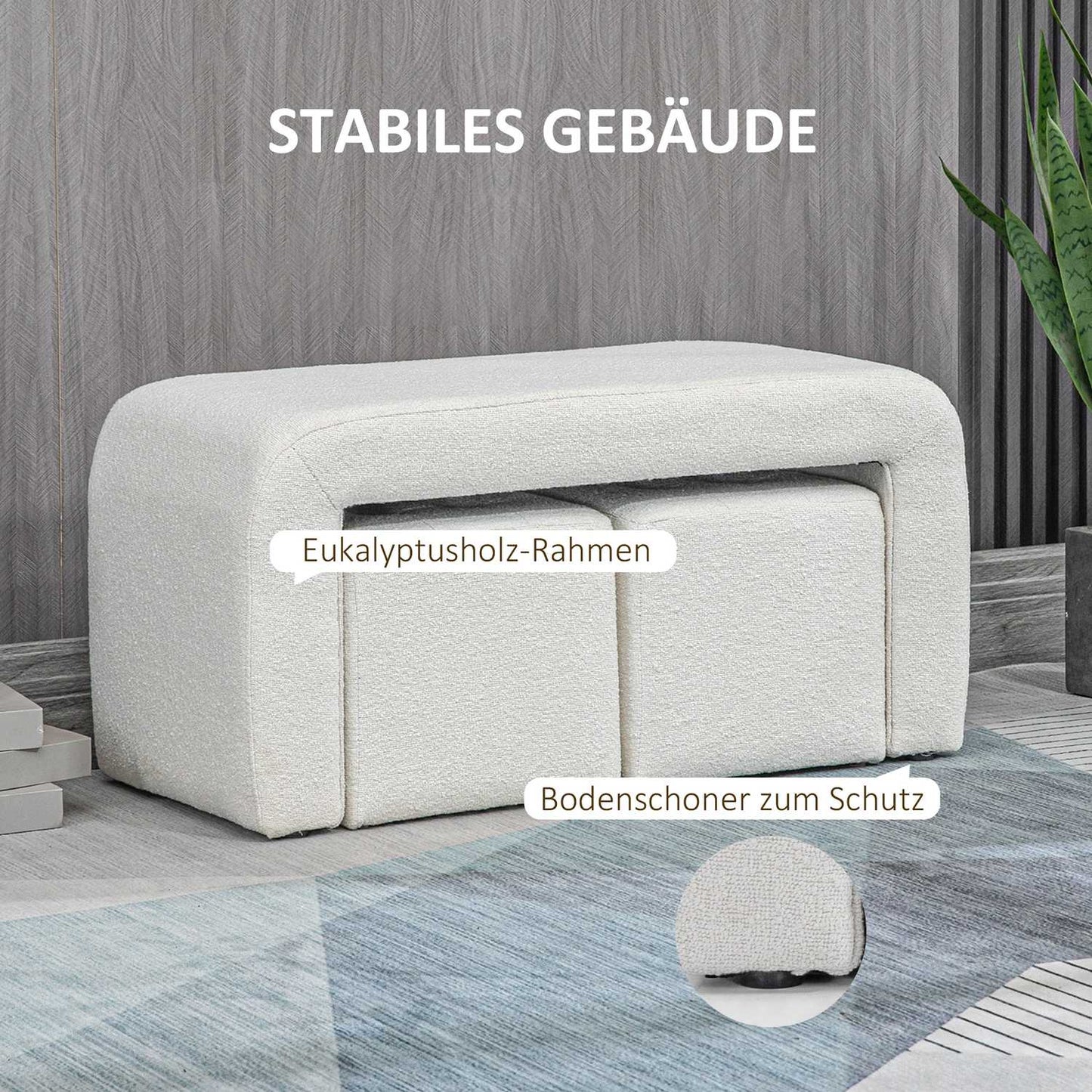 White upholstered 3-piece ottoman set for living room
