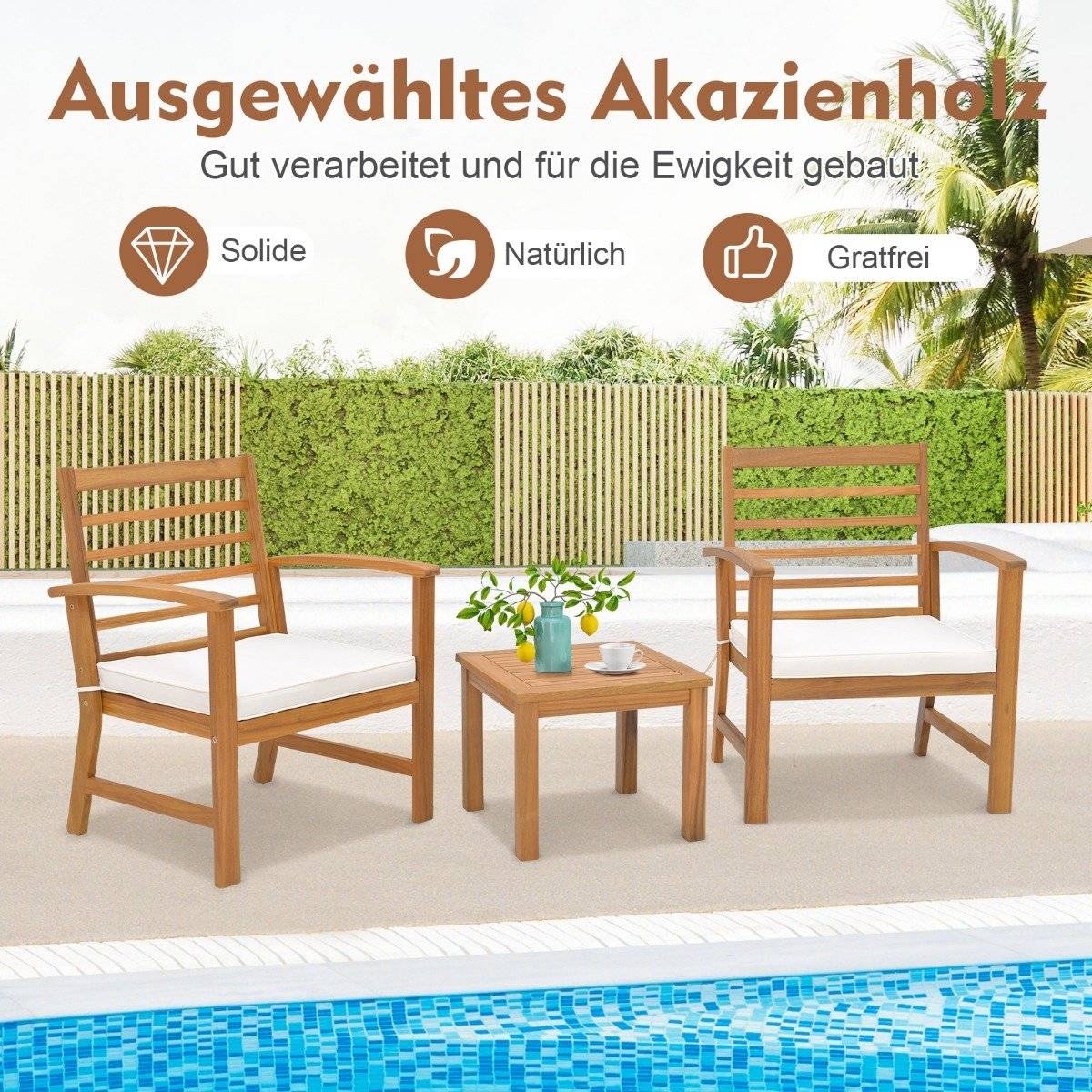 3-piece garden furniture set made of acacia wood with soft seat cushions and sturdy acacia wood frame