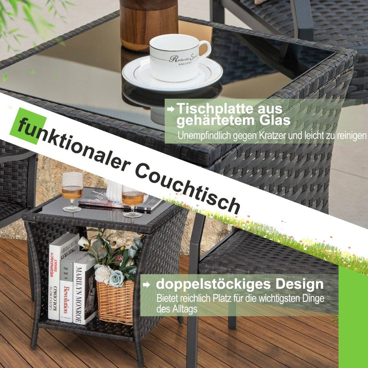 3-piece garden furniture set rattan balcony set with 2 chairs and table mixed brown