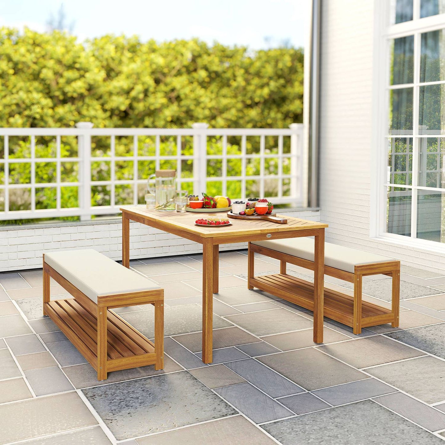 3-Piece Acacia Garden Dining Set with Parasol Hole