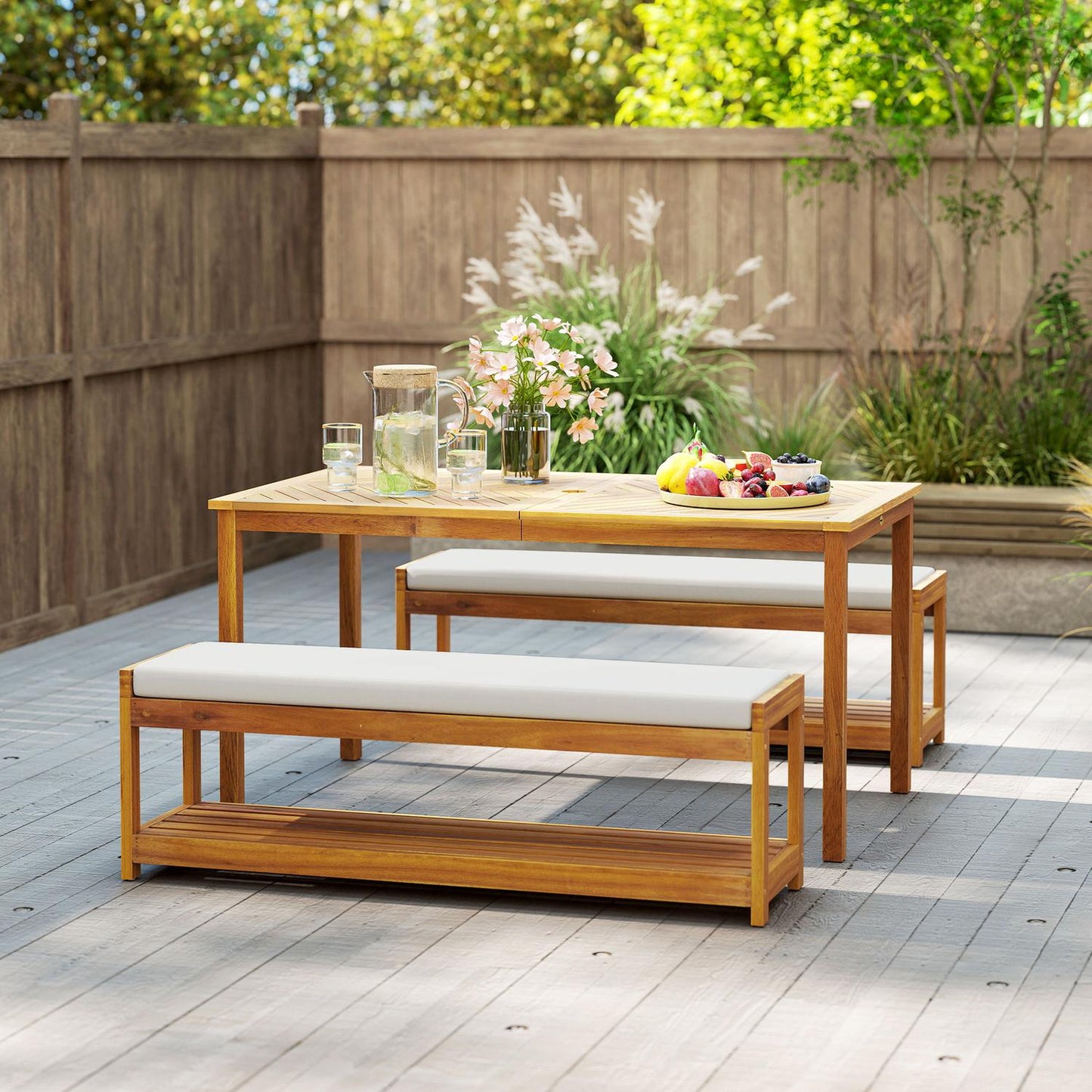 3-Piece Acacia Garden Dining Set with Parasol Hole