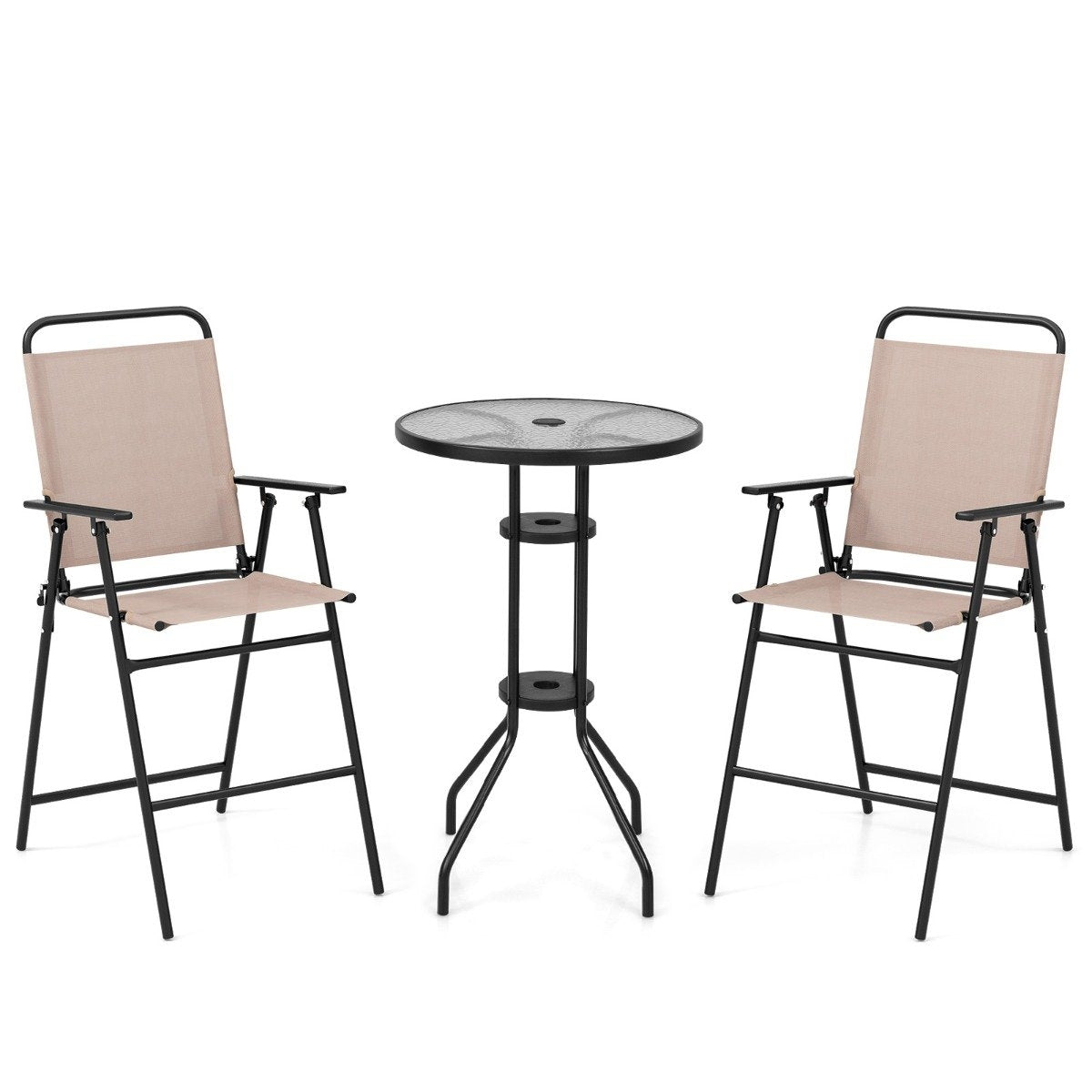 3-piece outdoor bistro set, patio bar table with 2 folding chairs and parasol hole, beige